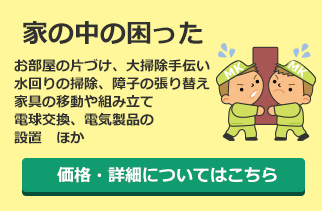 家の中の困った：お部屋の片づけ、大掃除手伝い、水回りの掃除、障子の張り替え、家具の移動や組み立て、電球交換、電気製品の設置　ほか